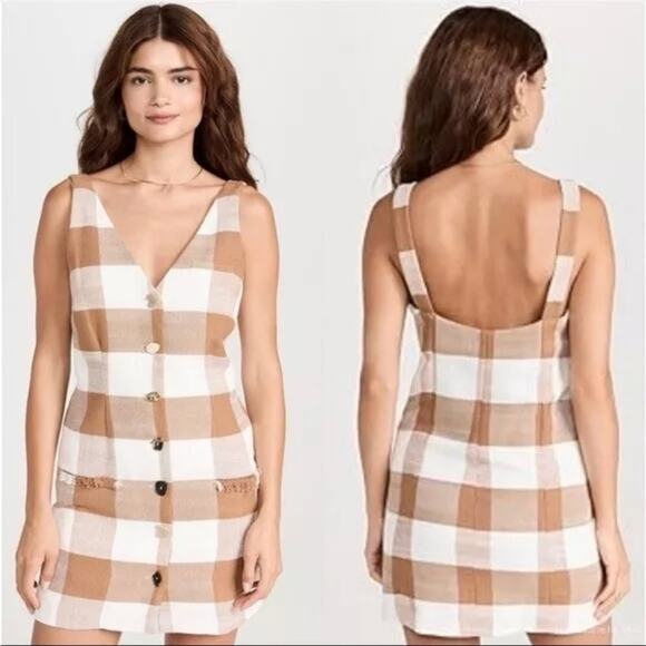 Staud Samuel Button Front Plaid Brown Mini Dress in Tobacco Gingham 0 - Picture 6 of 8